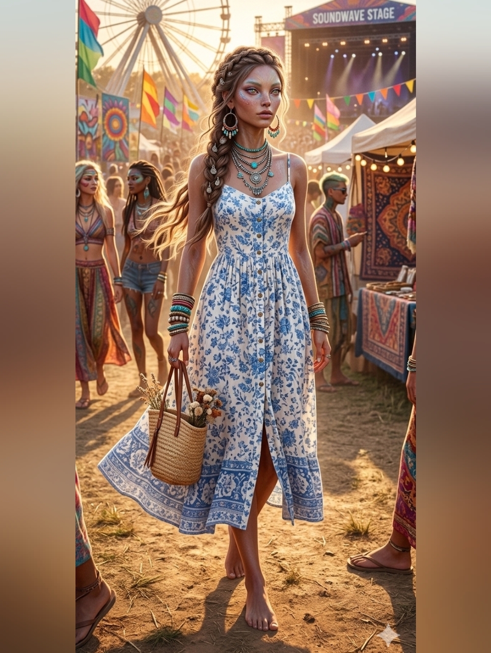 🪄♲🫰 Spell Folk Song Sundress Sky Blue Floral Boho Festival Cottagecore Size S